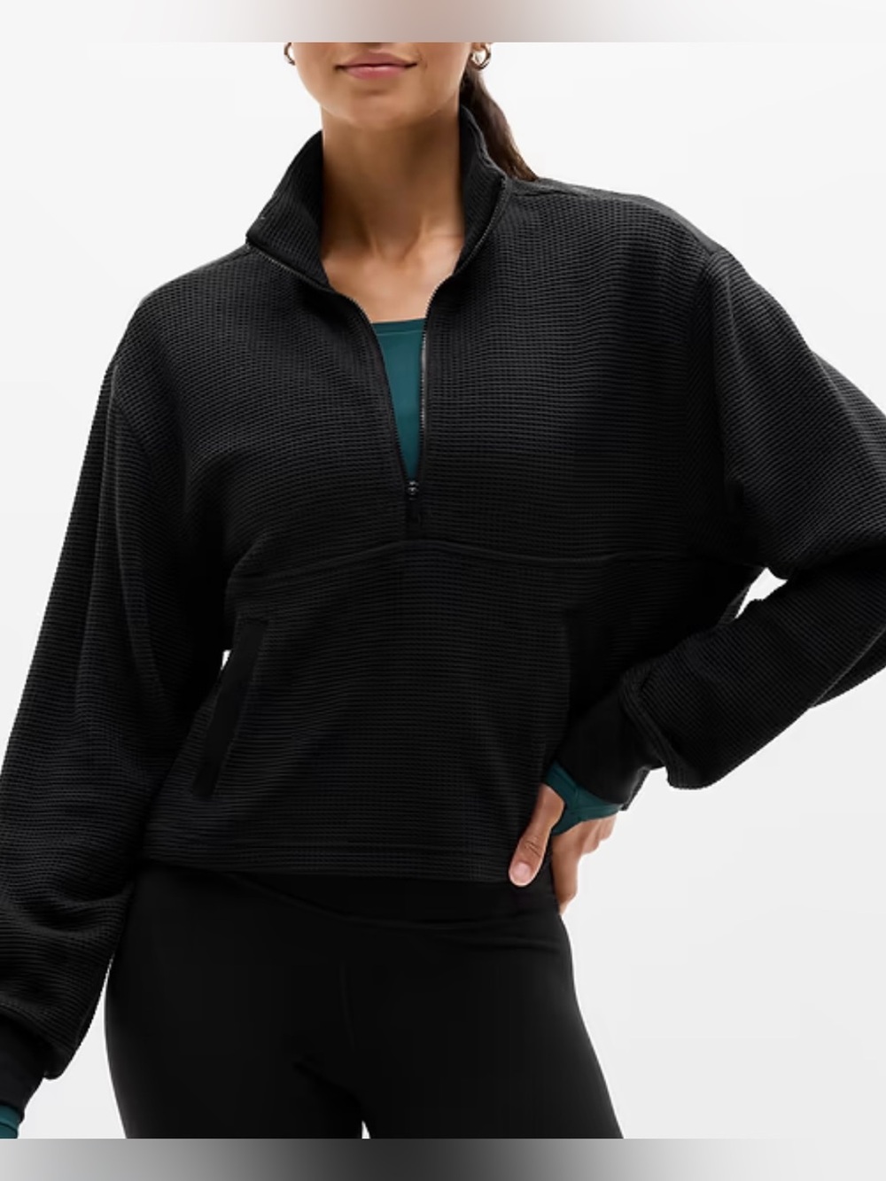 Athleta Tranquil Waffle 1/2 Zip Sweatshirt Black L Cozy Athleisure Top Boxy Crop